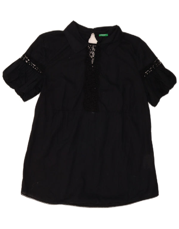 BENETTON Γυναικεία Μπλούζα Τοπ UK 14 Large Black Floral Βαμβακερό