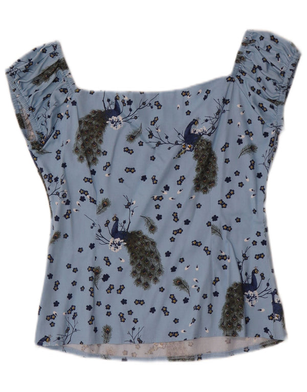 Collectif Γυναικεία Crop Μπλούζα Τοπ UK 14 Medium Blue Animal Print Βαμβακερό