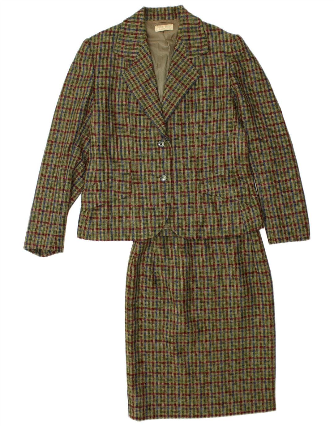 Vintage γυναικείο σετ 2 κουμπιών 2 τεμαχίων φούστα UK 12 Medium W26 Khaki Check