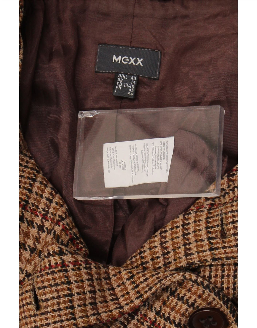 Γυναικείο παλτό Mexx Crop Pea UK 14 μεγάλο καφέ Houndstooth παρθένο μαλλί