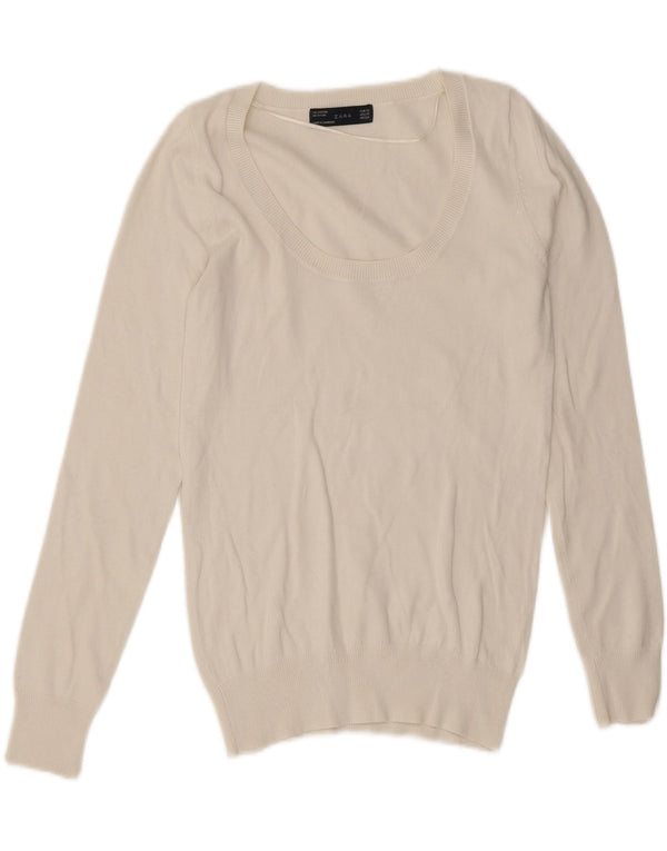 Zara Γυναικείο πουλόβερ με λαιμόκοψη UK 6 XS Λευκό βαμβακερό
