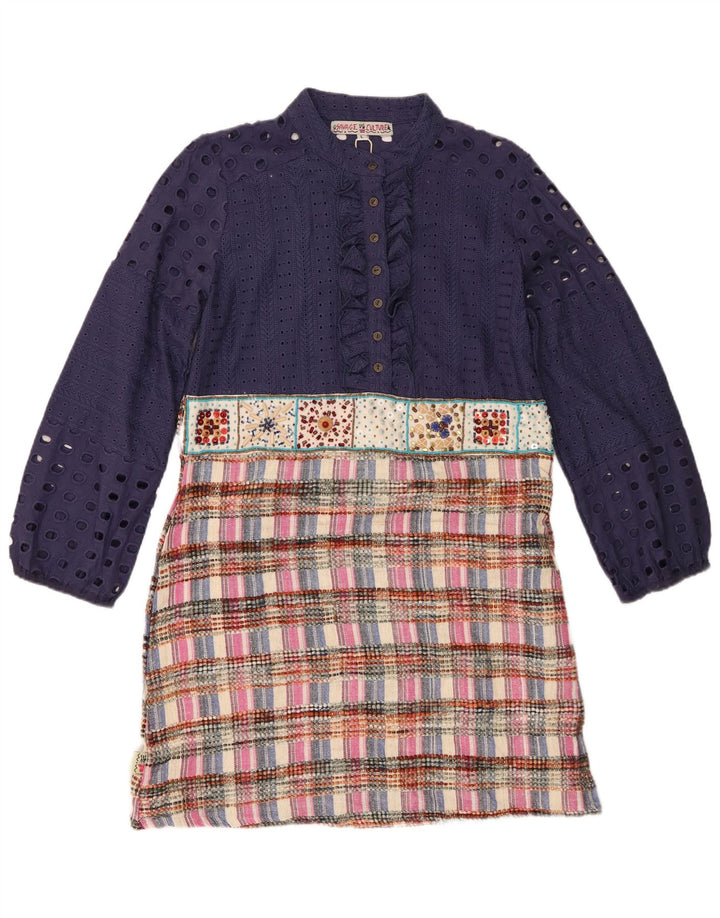 Vintage γυναικείο βολάν μπροστινό φόρεμα UK 14 Large Navy Blue Patchwork