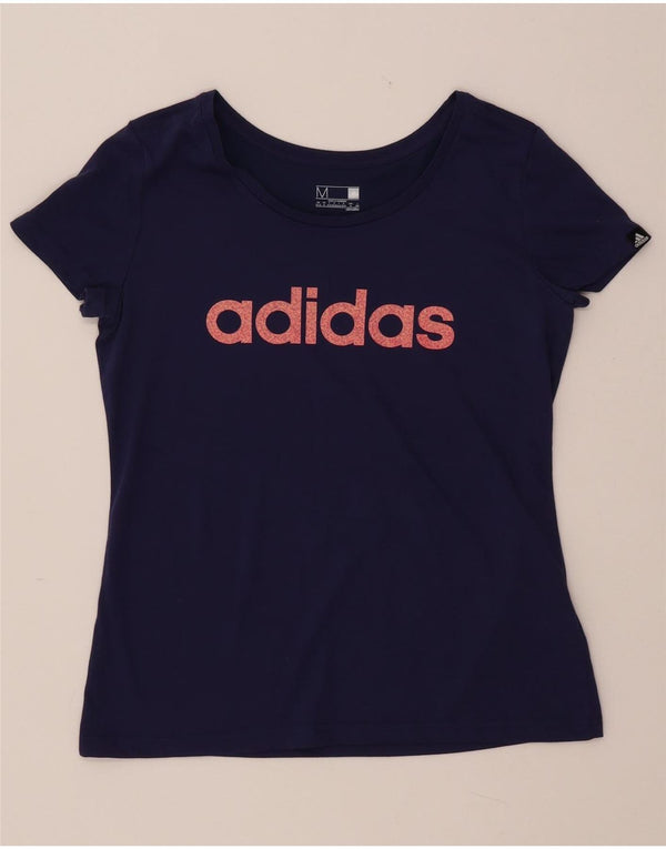 Γυναικείο γραφικό T-shirt ADIDAS Climalite Top UK 12/14 Medium Navy Blue