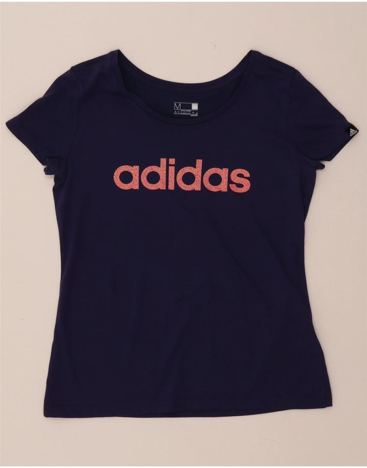 Γυναικείο γραφικό T-shirt ADIDAS Climalite Top UK 12/14 Medium Navy Blue