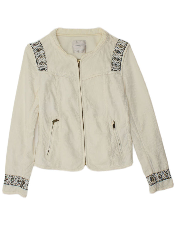 ZARA Γυναικείο Crop Oversized Bomber Jacket UK 10 Small Off White Geometric