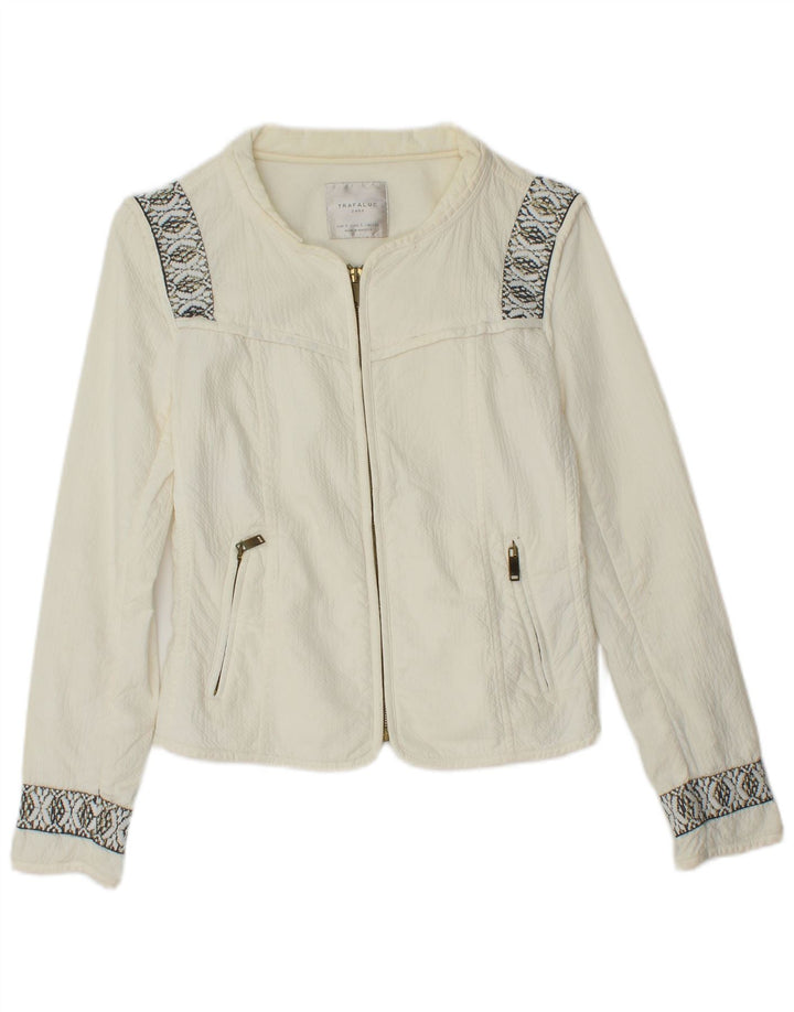 ZARA Γυναικείο Crop Oversized Bomber Jacket UK 10 Small Off White Geometric