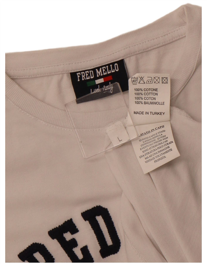FRED MELLO Ανδρικό γραφικό T-Shirt Top μεγάλο λευκό βαμβακερό