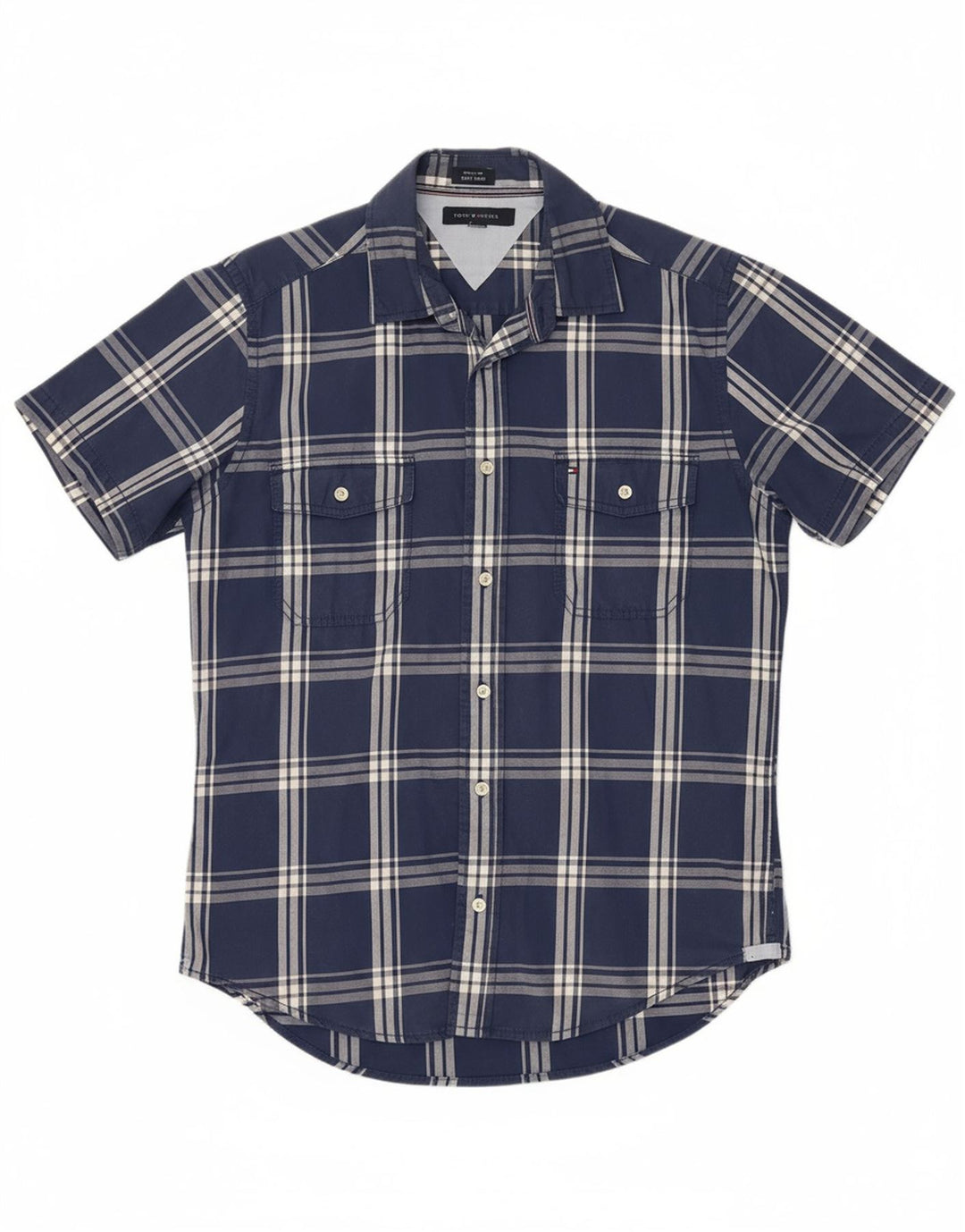 TOMMY HILFIGER Mens Coupe Ajustee Custom Fit Shirt Large Navy Blue Check