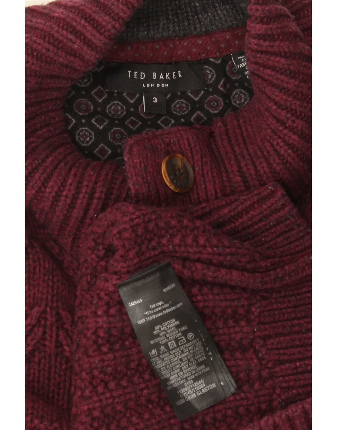 Ted Baker Ανδρικό πουλόβερ με λαιμό με κουμπιά, μέγεθος 3, μεσαίο βαμβακερό μπορντό