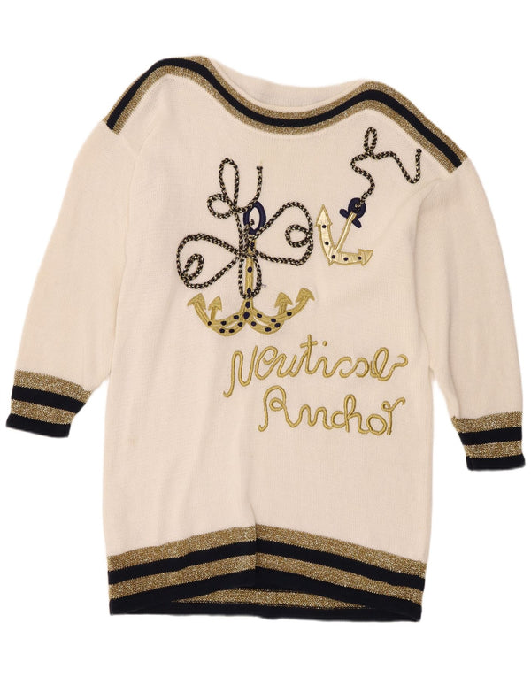 Vintage γυναικείο γραφικό πουλόβερ με λαιμόκαυμα UK 16 Large White Nautical