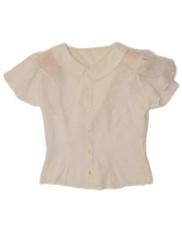 VINTAGE Γυναικείο κοντομάνικο πουκάμισο μπλούζα UK 12 μεσαίο λευκό βαμβακερό