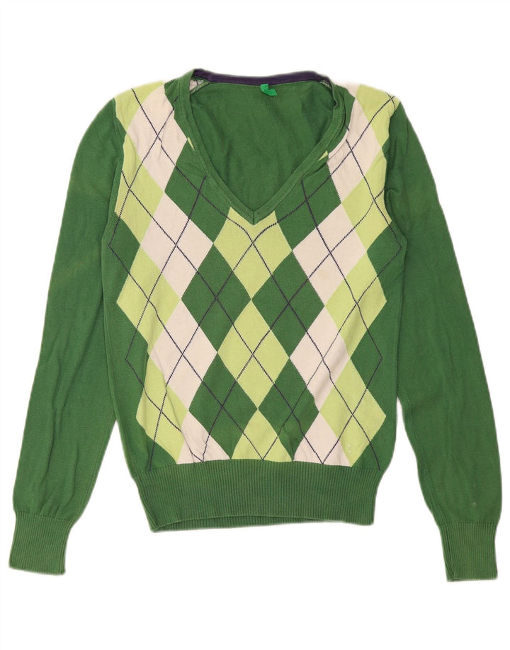 BENETTON Womens V-Neck Jumper Sweater UK 12 Medium Green Argyle/Diamond