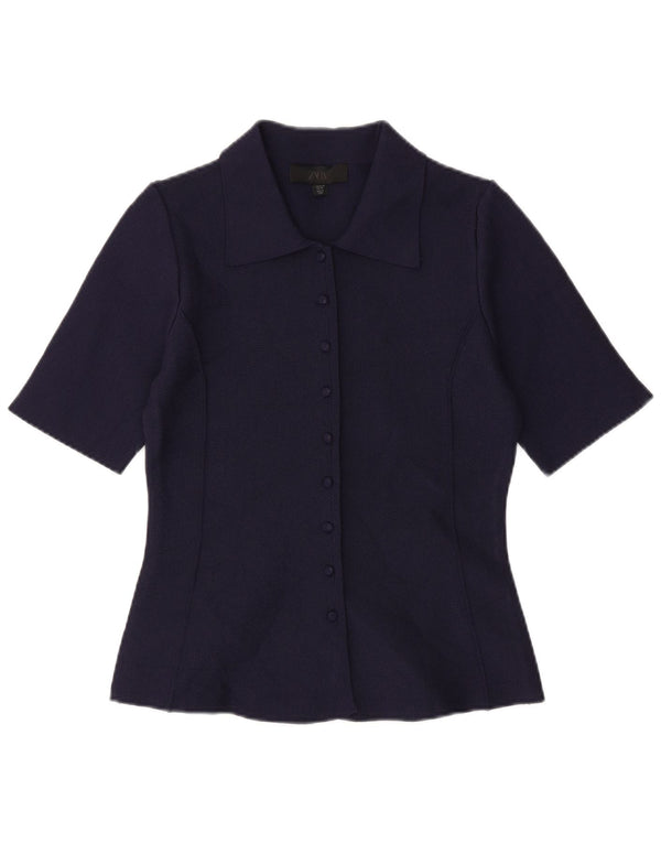 ZARA Womens Short Sleeve Shirt Blouse UK 12 Medium Navy Blue Polyester