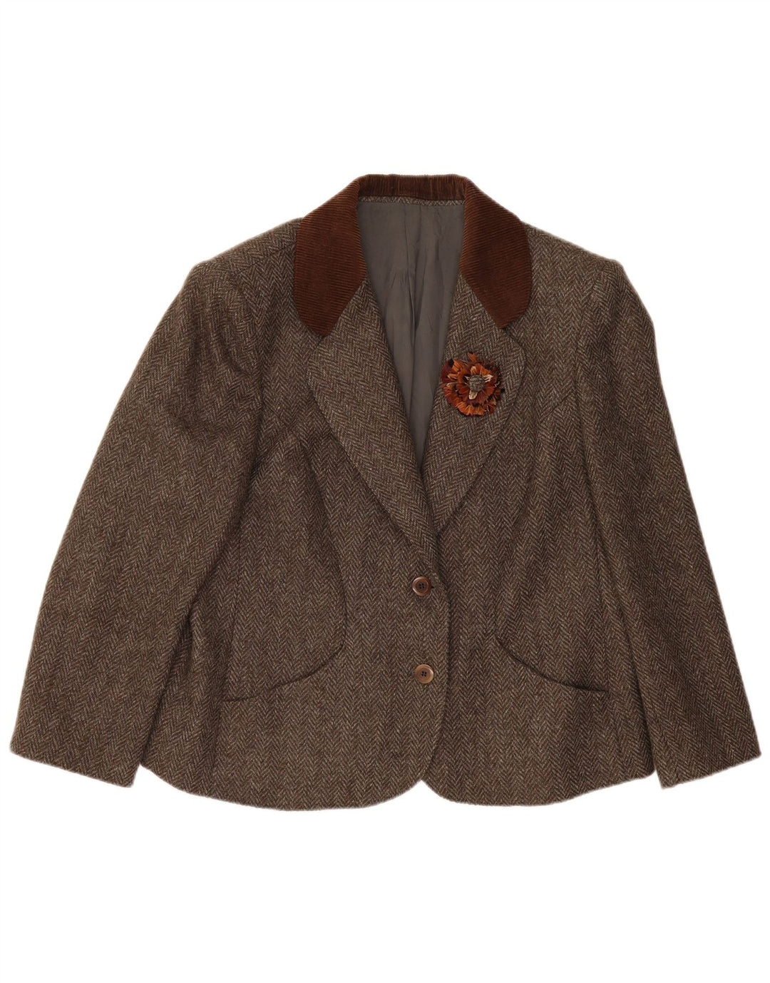 Vintage Womens 2 Button Blazer Jacket UK 14 Large Brown Herringbone