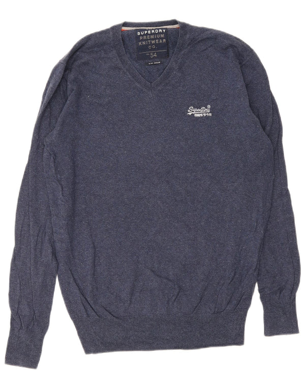 Superdry Ανδρικό πουλόβερ με λαιμόκοψη με V λαιμόκοψη, μεσαίο μπλε βαμβακερό