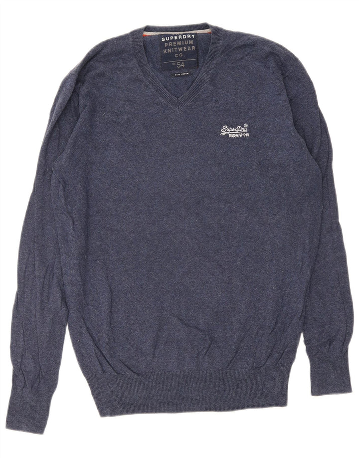 Superdry Ανδρικό πουλόβερ με λαιμόκοψη με V λαιμόκοψη, μεσαίο μπλε βαμβακερό
