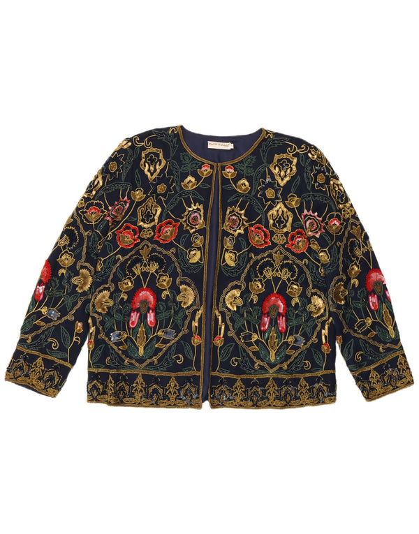 PAST TIME Womens Loose Fit Cardigan Top UK 10 Small Navy Blue Floral Silk