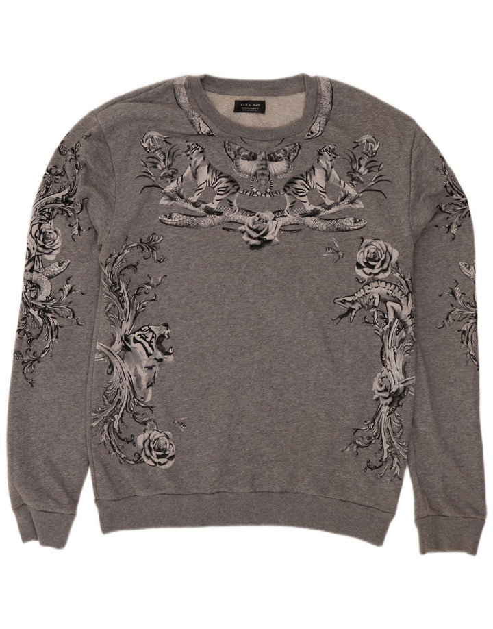Ανδρικό γραφικό φούτερ Zara Jumper Μεσαίο γκρι φλοράλ βαμβακερό