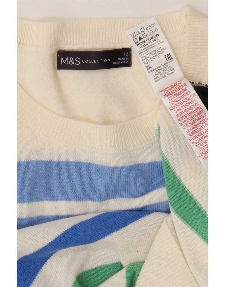 Marks & Spencer Γυναικείο πουλόβερ με λαιμόκοψη UK 12 μεσαίο λευκό ριγέ