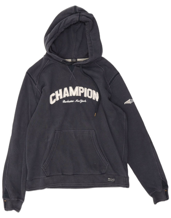 Champion Womens Graphic Hoodie Jumper UK 16 Large Navy Blue Cotton