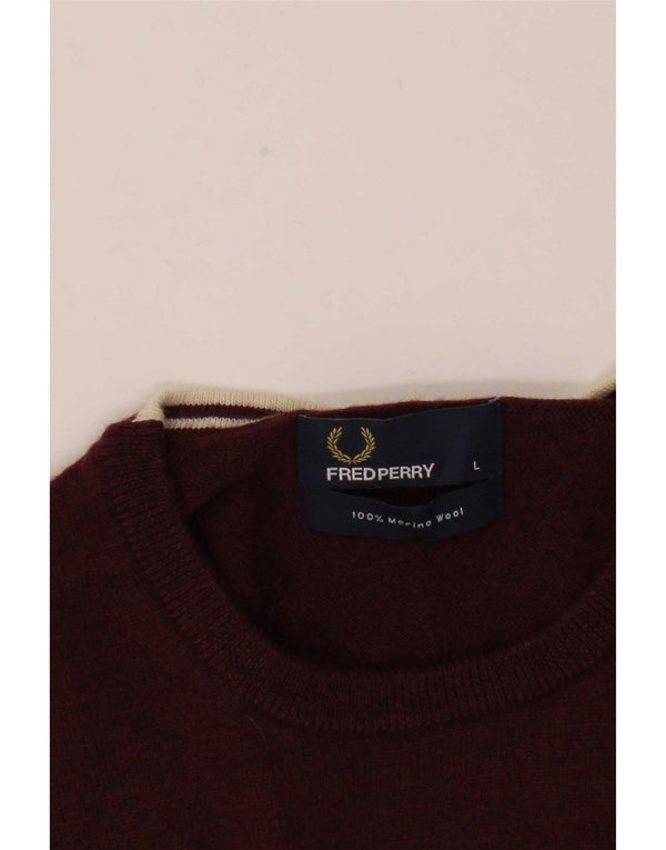 Fred Perry Mens Crew Neck Jumper Sweater Large Burgundy Merino Wool