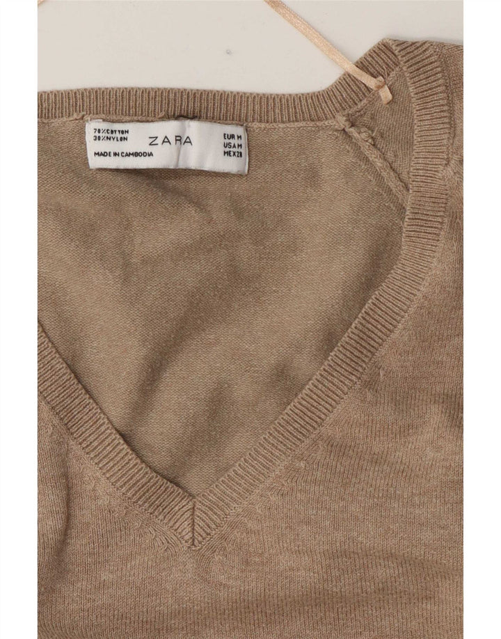 Zara Γυναικείο πουλόβερ με V λαιμόκοψη UK 14 Βαμβακερό μεσαίο καφέ