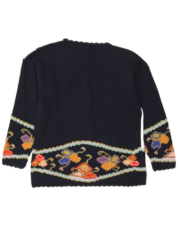 Vintage Γυναικεία Ζακέτα UK 14 Medium Navy Blue Floral Βαμβακερό