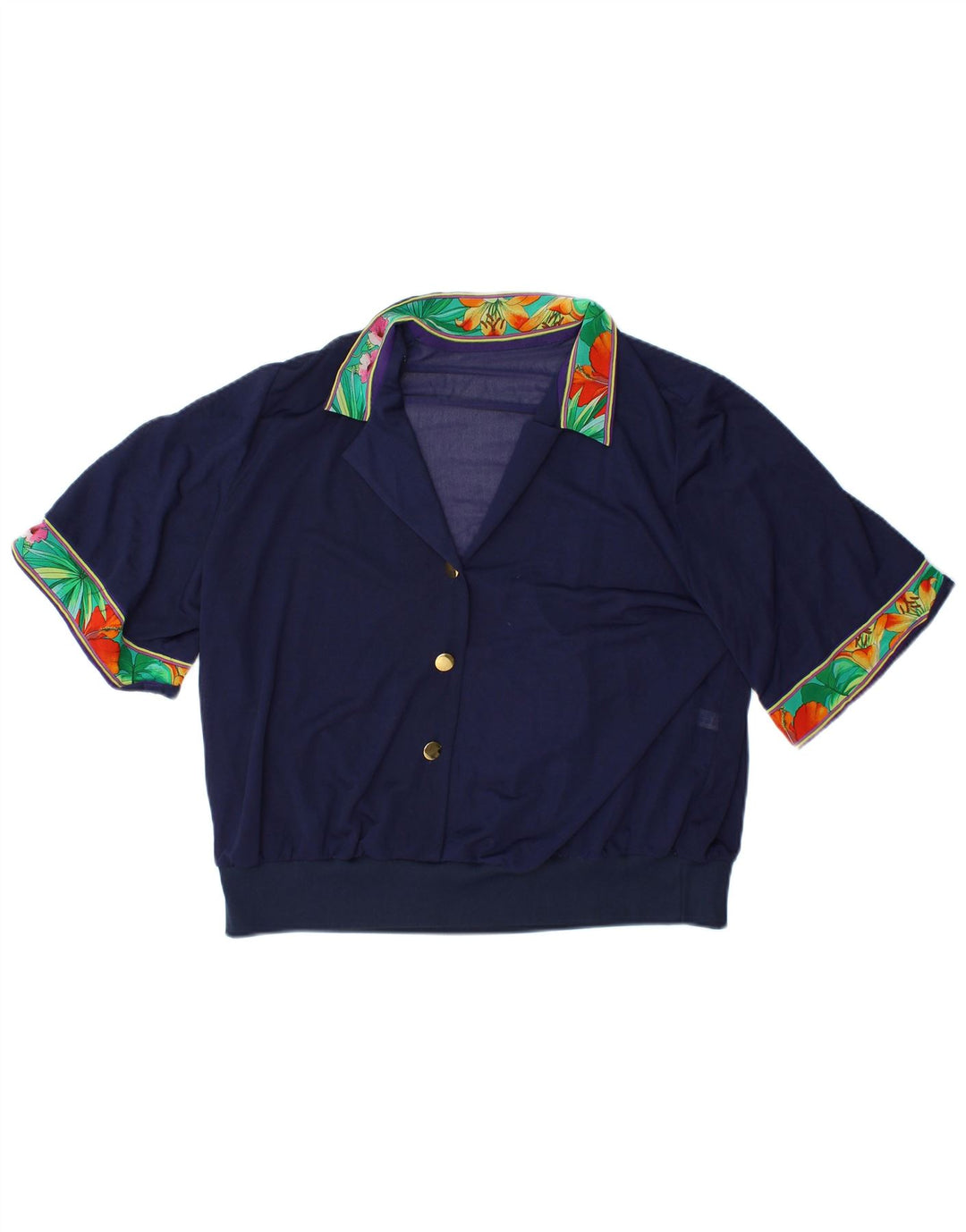 VINTAGE Γυναικεία Crop Μπλούζα Τοπ IT 48 XL Navy Blue Floral