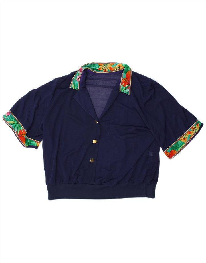 VINTAGE Γυναικεία Crop Μπλούζα Τοπ IT 48 XL Navy Blue Floral