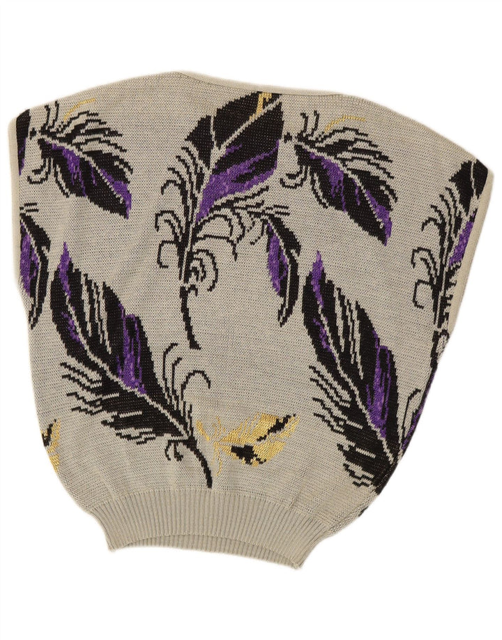 VINTAGE γυναικείο αμάνικο πουλόβερ με λαιμόκοψη UK 14 Large Grey Floral