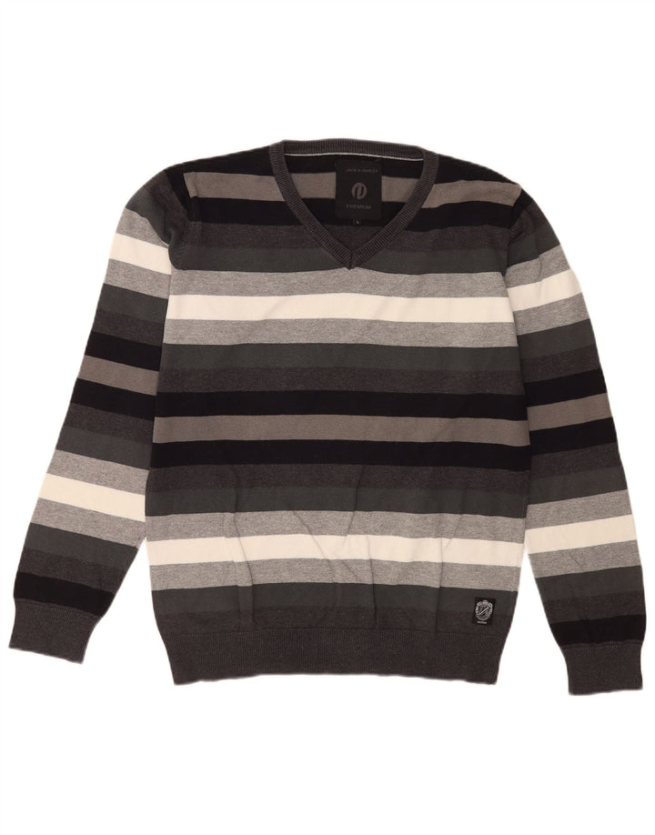 Jack & Jones Ανδρικό πουλόβερ με λαιμόκοψη με λαιμόκοψη μεγάλο γκρι ριγέ