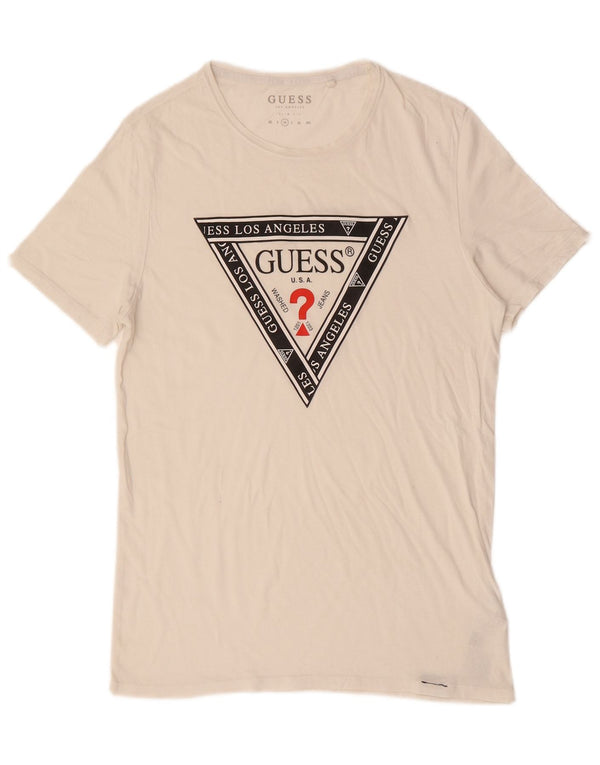GUESS Mens Slim Fit Graphic T-Shirt Top Medium Off White Cotton