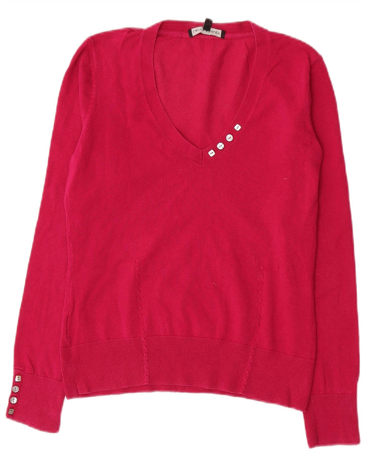LAURA ASHLEY Γυναικείο πουλόβερ με λαιμόκοψη με V λαιμόκοψη UK 12 μεσαίο ροζ βαμβακερό