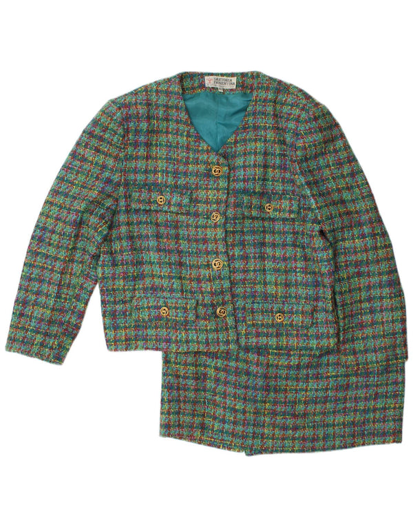 VINTAGE Γυναικείο Σετ φούστας 2 τεμαχίων με 4 κουμπιά IT 48 XL W32 Green Check Wool