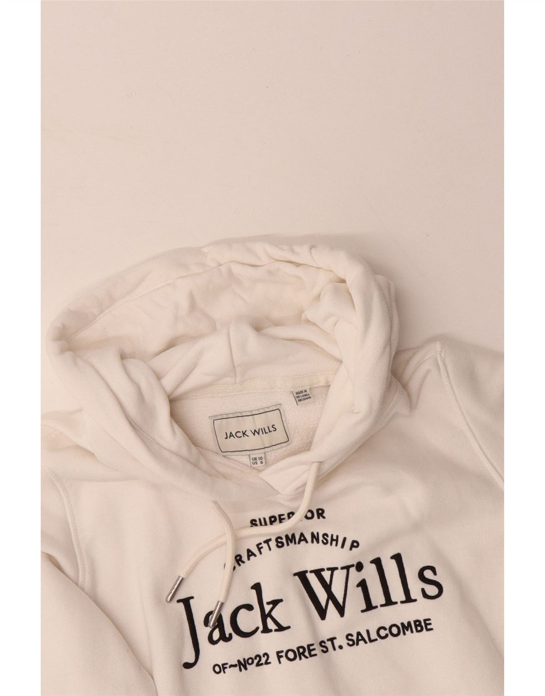 JACK WILLS Γυναικείο γραφικό υπερμεγέθου μπλουζάκι με κουκούλα UK 10 μικρό λευκό βαμβακερό