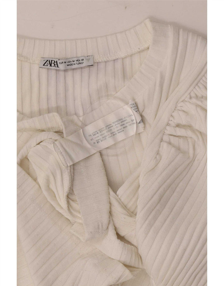 Zara Γυναικείο T-Shirt Crop Top UK 12 Medium White Polyester