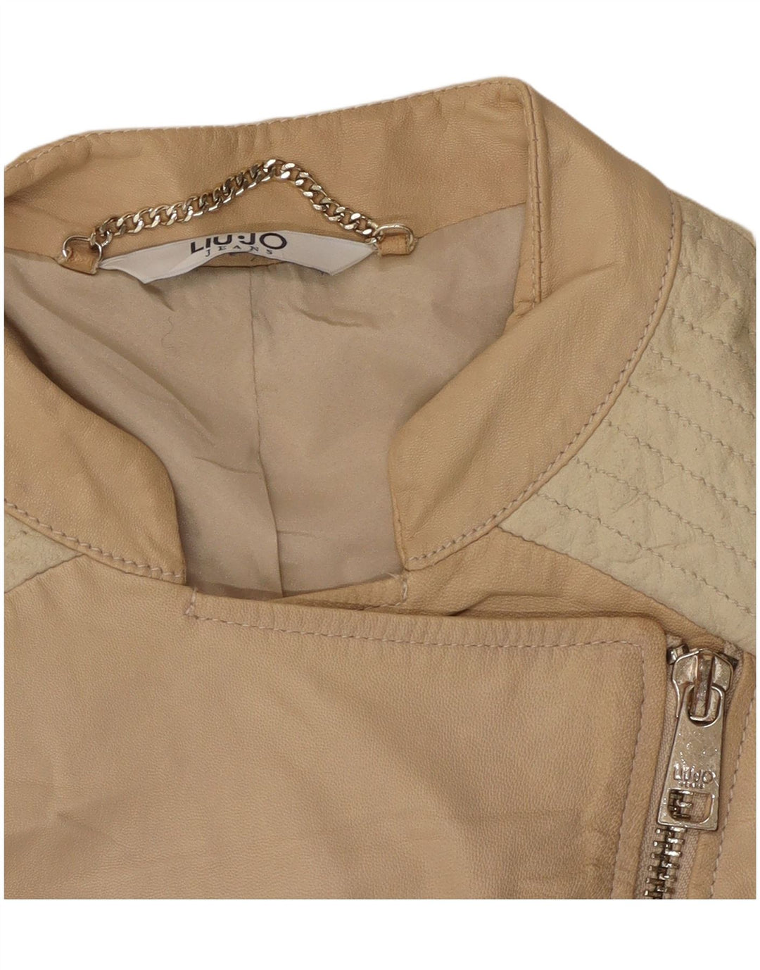 Liu Jo Γυναικείο Crop Biker Jacket IT 42 Medium Beige Colourblock Δέρμα