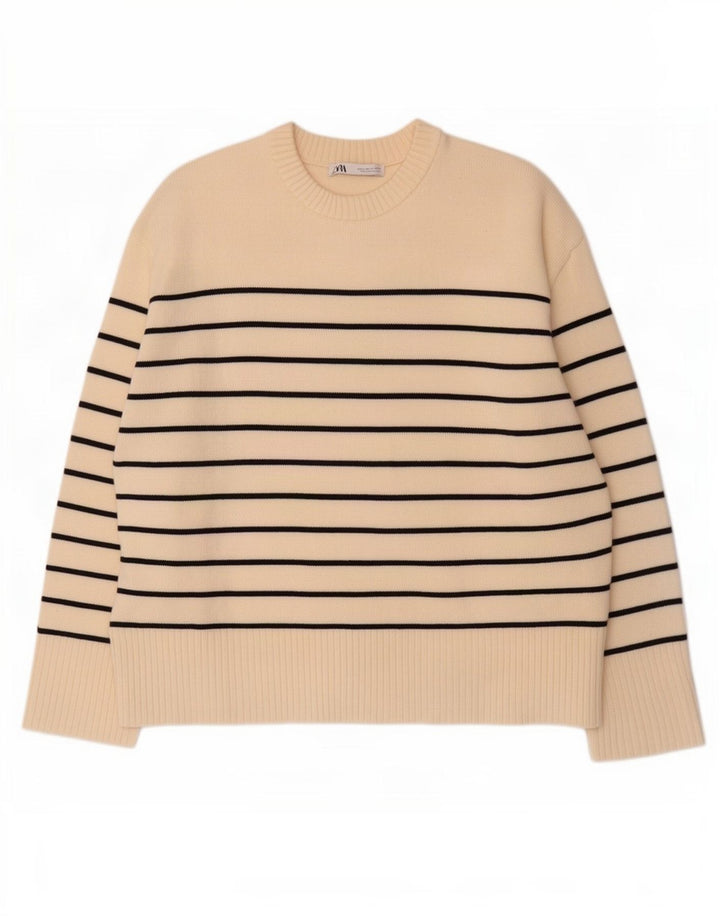 Zara Γυναικείο πουλόβερ με λαιμόκοψη UK 14 Medium Off White ριγέ