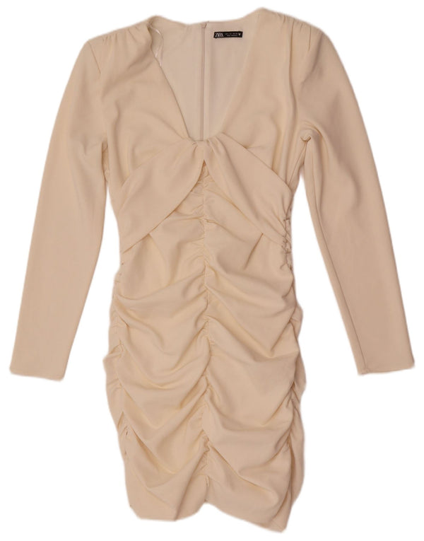 Zara Γυναικείο μακρυμάνικο Bodycon Φόρεμα UK 14 Large Off White Polyester