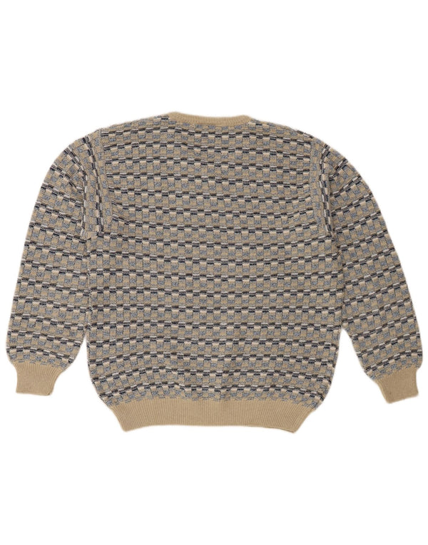 Vintage Mens V-Neck Jumper Sweater IT 48 Medium Beige Geometric Cotton