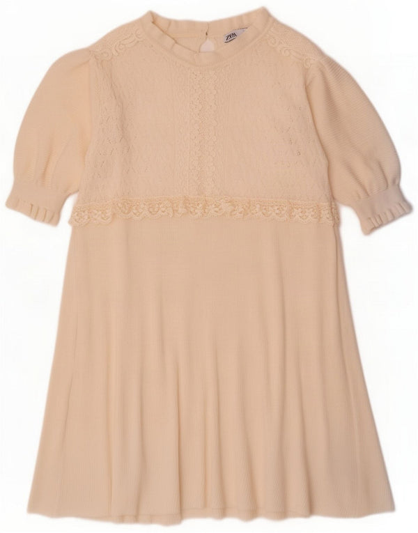 Zara γυναικείο πλεκτό φόρεμα 3/4 με μανίκια UK 14 Medium Off White Polyester
