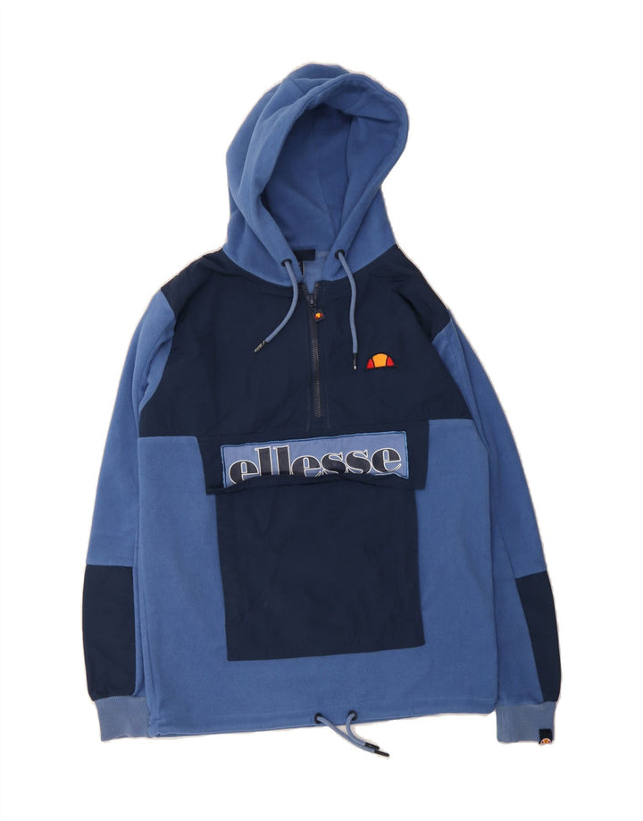 ELLESSE Mens Graphic Hooded Fleece Jumper Small Blue Colourblock Polyester Vintage Ellesse and Second-Hand Ellesse from Messina Hembry 