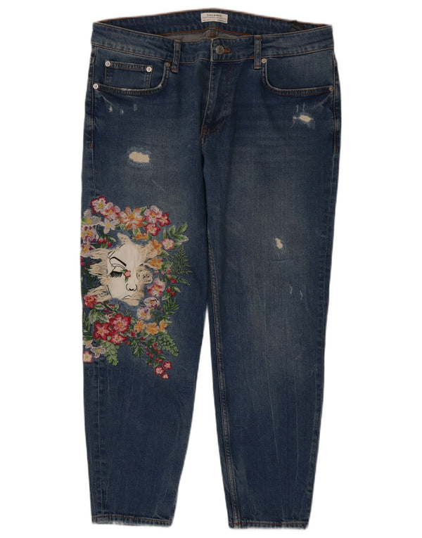 Zara Γυναικείο ίσιο τζιν γραφικό EU 42 Large W32 L27 Μπλε φλοράλ βαμβακερό