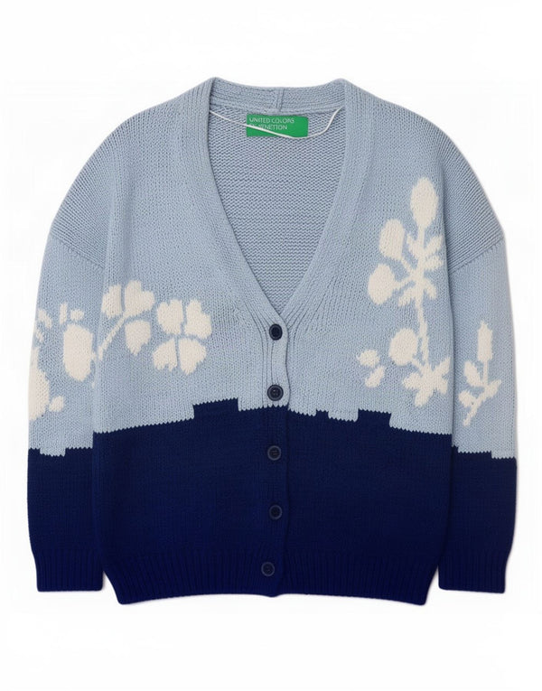 Benetton Womens Cardigan Sweater UK 16 Large Blue Colourblock Cotton