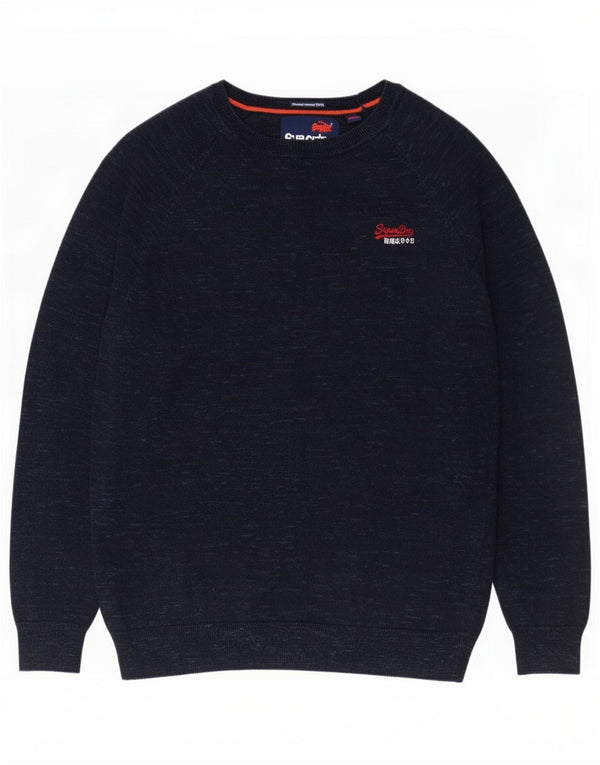 Superdry Mens Boat Neck Jumper Sweater Large Navy Blue Flecked Cotton