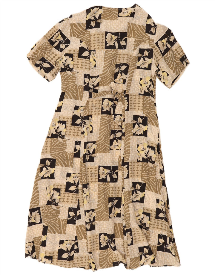 Vintage γυναικείο φόρεμα τσαγιού UK 14 Medium Beige Patchwork Silk