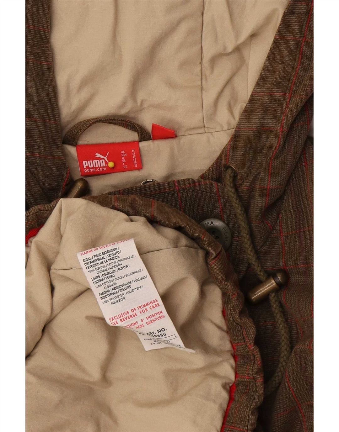 Puma γυναικείο μπουφάν Parka με κουκούλα UK 12 μεσαίου καφέ βαμβακερό τσεκ