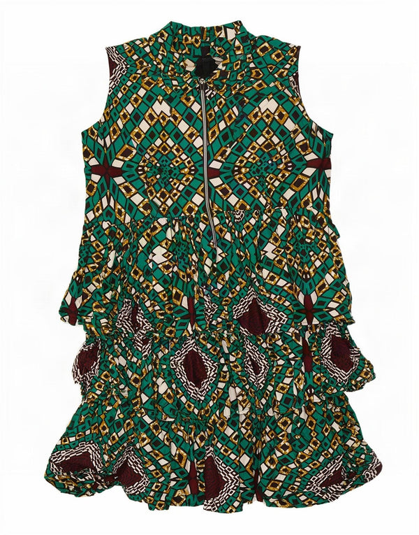 Vintage Womens Sleeveless Tiered Dress UK 14 Large Green Geometric