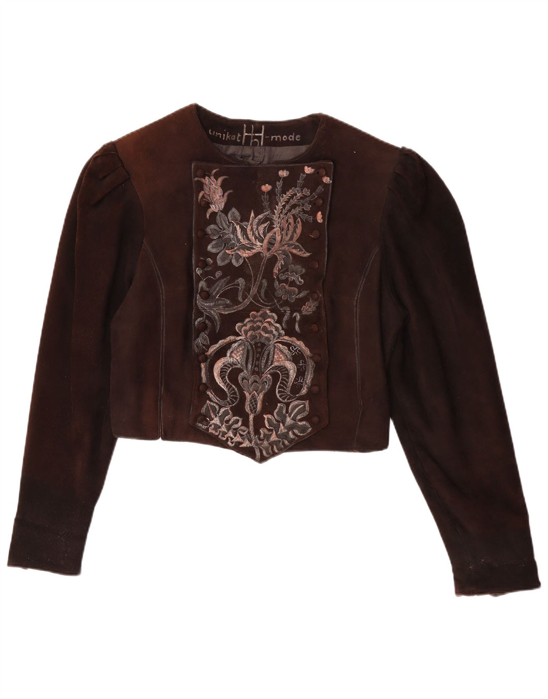 Vintage Γυναικείο Crop Suede Jacket UK 14 Medium Brown Floral