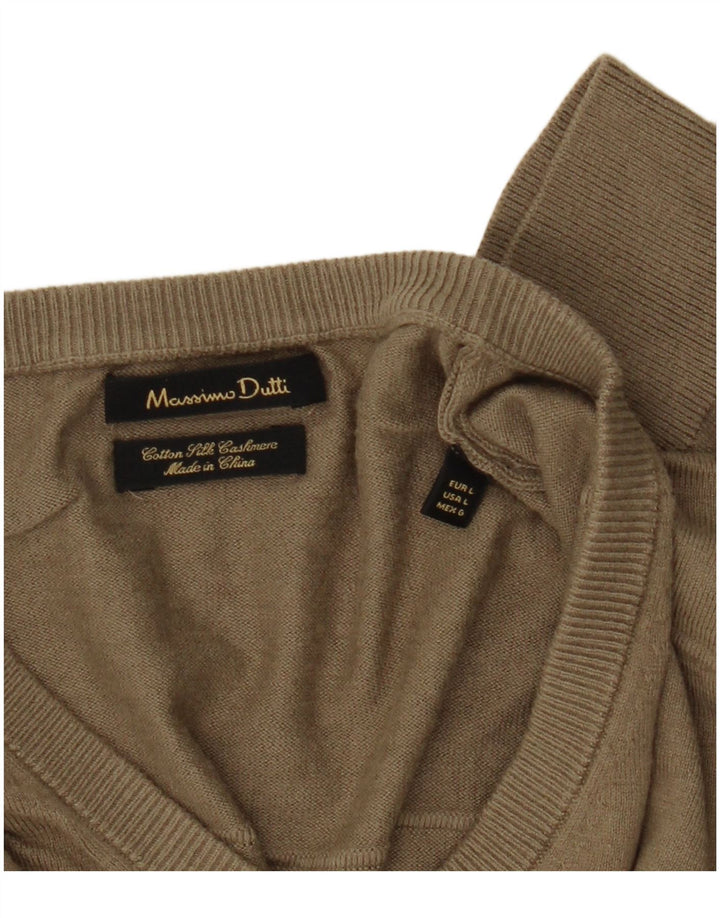 Massimo Dutti Ανδρικό πουλόβερ με λαιμόκοψη V-λαιμόκοψη μεγάλο βαμβακερό χακί